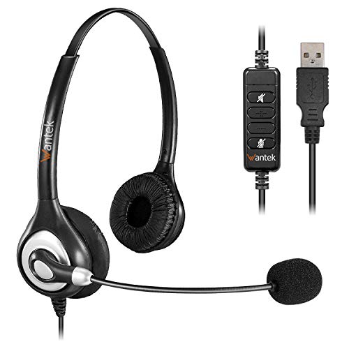 Wantek Auriculares USB Estéreo con Micrófono con Cancelación de Ruido y Controles en Línea, Cascos Business UC para Skype, Softphone, Centros de Llamadas, Voz Cristalina, Ultra Cómodo(UC602)