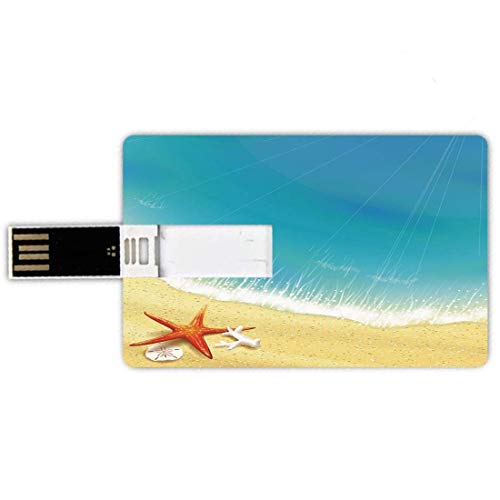 16G USB Flash Drives Forma de tarjeta de crédito Starfish Decor Memory Stick Estilo de tarjeta bancaria Vista de la orilla del mar Olas en Sandy Beach Caribbean Paradise Summer Illustration, Multicolo