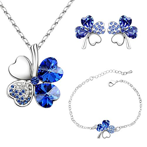 4 Hoja Trébol Collar Earrings Pulseras de trébol de cuatro hojas Colgante ajustable Juego de cadenas Peach Heart Rhinestone Joyas con incrustaciones de cristal para niñas, mujeres, azul