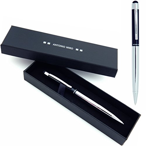ANTONIO MIRO Bolígrafo Puntero Negro Plata Metálico (tinta azul), Satisfacción Garantizada, Presentación Estuche con logotipo ideal para regalo