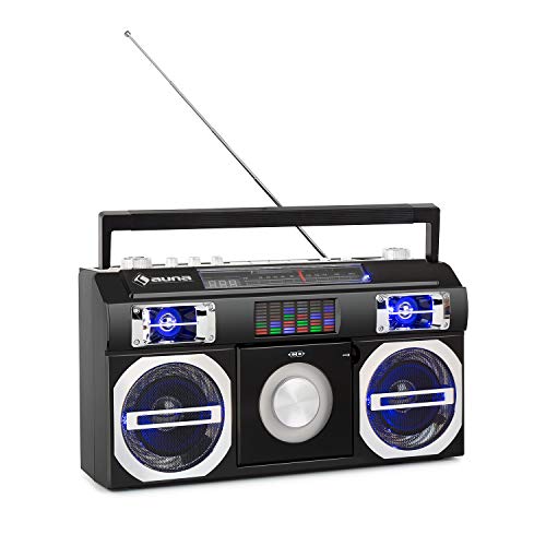 auna Oldschool 80's Reproductor Retro - Bluetooth, Puerto USB para Reproducir en MP3, Radio FM, Luces LED, con batería o enchufado a la Red, reguladores de Balance y Volumen Separados, Negro