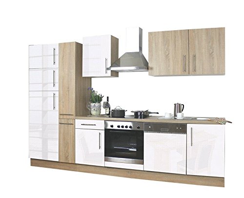 Avanti Trendstore – Bloque de cocina de color blanco/roble de Sonoma con S brillante de dispositivos, aprox. 310 x 60 cm