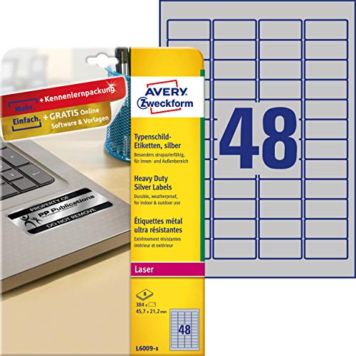Avery España L6009-8 - Pack de 8 hojas de etiquetas para seguridad, 45.7 x 21.2 mm, color plata