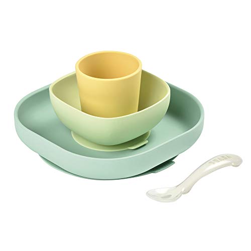 Béaba Vajilla de silicona con ventosa resistente, Completa con 4 piezas, Plato, bol, taza y cuchara de silicona de alta calidad con ventosa, Alimenta a tu bebé o hijo fácil, Natural