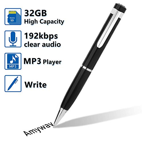 Bolígrafo Grabador de Voz Digital,Grabadora de Audio y Voz Reproductor de MP3 con Tarjeta Micro SD de 32GB, Cable USB, Lector de Tarjetas, 5 Recargas