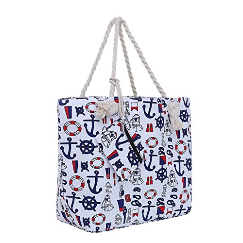 Bolsa de Playa Grande con Cremallera 58 x 38 x 18 cm diseño marítimo Barco Blanco Azul Rojo Shopper Bolsa de Hombro Estilo de yate (Yacht Style)