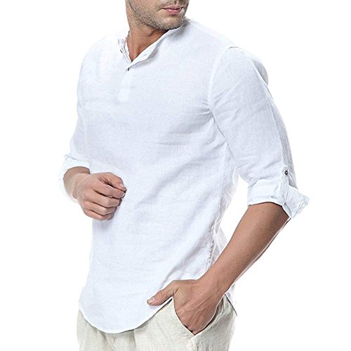 Camisa para Hombre - Lino Blusa Casual de Manga 3/4 Top Sin Cuello de Color Sólido Blusas Suelta Camisas de Trabajo Suave Cómodo Transpirable S-2XL A Blanco Medium