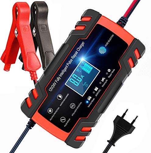 Cargador de Batería, BUDDYGO Cargador de Bateria Coche Moto 12V/24V Full Automático Inteligente Mantenimiento de Batería con Pantalla LCD y Múltiples Protecciones para Automóviles, Motos