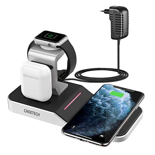 CHOETECH Cargador Inalámbrico MFI, 4 En 1 Estacion de Carga iWatch 5/4/3/2/1, Airpods 1/2/Pro, iPad Base Carga, 7.5/10W Qi Cargador para iPhone 11/11Pro/SE 2/X/XR/8 Plus, Galaxy Note 10/S20/S10/S9/S8