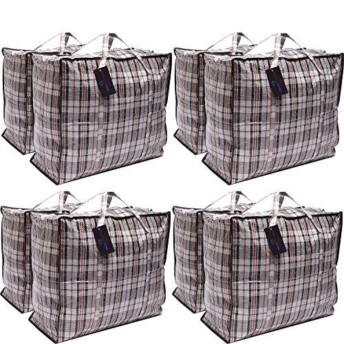 DECO EXPRESS Paquete de 8 Bolsas de Compras XX-Large Strong Storage Laundry - Bolsas XXL con Cremallera y Asas a Cuadros - Bolsa Reutilizable con Cierre de Cremallera (Surtido)