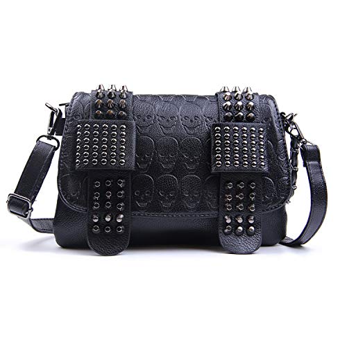 EVEOUT Bolso Bandolera Estampado de Calaveras Punk para Mujer Bolso de Hombro de Calavera Gótica de Cuero con Cadena/Cartera Larga para Mujer Modelo