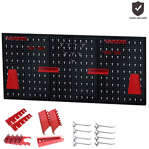 Froadp Panel perforado para herramientas de Metal 17 Piezas, 120 x 60 cm color negro y rojo Organizador y Soporte para Pared de Multiusos, Tablero Perforado