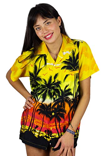 Funky Camisa Blusa Hawaiana, Manga Corta, Beach, Amarilla, M