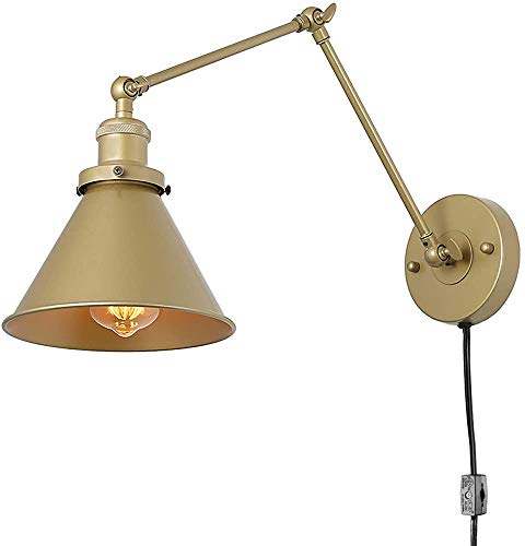 Industrial ligero de la pared interior ajustable cabecera del dormitorio de la lámpara, el brazo oscilante lámpara de pared con interruptor y cable de 1,8 m, sostenedor E27 Lámpara de pared ,Gold