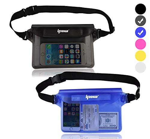 ipow Bolsa riñonera Impermeable [Pack de 2] iPhone, teléfono móvil, cámara, iPad, Dinero en Efectivo, Documentos, protección contra el Agua (Negra + Azul)