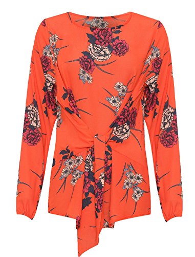 Islander Fashions Detalle Atado de Mujer Detalle de Estampado Floral Top para Mujer Fancy Long Sleeve Crepe Blusa Rojo Floral Naranja ES 46