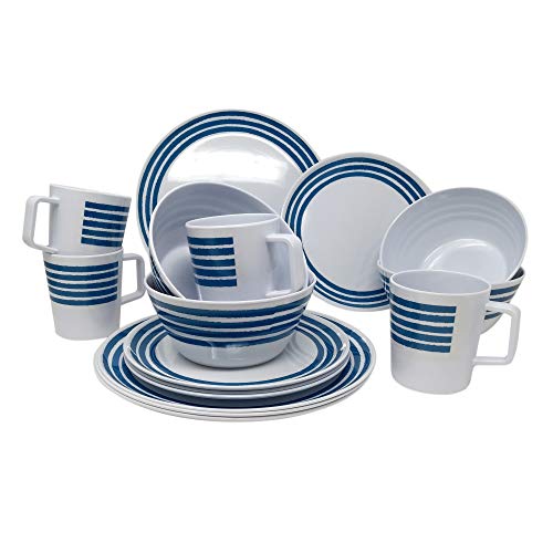 Juego de vajilla de melamina para 4 personas, 16 piezas, diseño moderno, color azul a rayas Juego de vajilla de melamina para 4 personas, 16 piezas, diseño moderno, color azul a rayas
