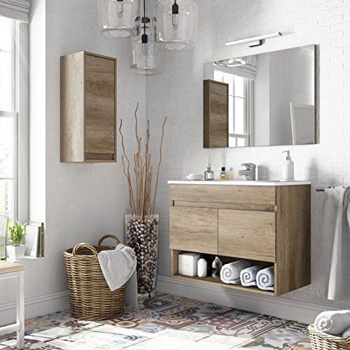 Miroytengo Pack mobiliario baño con Mueble, Espejo, Lavabo de cerámica y Armario Auxiliar diseño Moderno