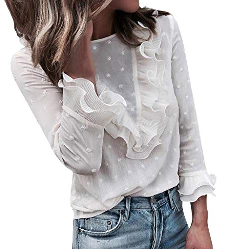 Moda Mujer Casual Encaje Sexy Lunares O Cuello Dulce Volante Camiseta Manga Larga Tops Blusa Luckycat (Blanco, Medio)