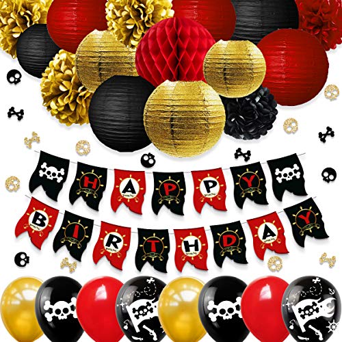 NICROLANDEE Decoraciones de Fiesta de cumpleaños Pirata, Suministros de Fiesta de Oro Negro Rojo con Pompones de Tejido Linternas de Papel Dorado Bola de Panal para niños Suministros de cumpleaños
