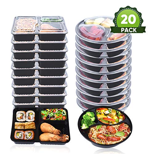 OITUGG 3 Contenedor de Compartimentos de Comida Preparada con Tapa, Apilable, Lavavajillas y Microondas, Caja de Almuerzo, Redonda y Cuadrada Dos Tamaños Diferentes-20pack by