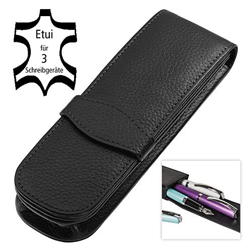 Online - Funda de piel para 3 bolígrafos, color negro