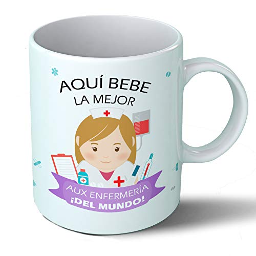 Planetacase Taza Desayuno Aquí Bebe la Mejor Auxiliar de enfermeria del Mundo Regalo Original Ceramica 330 mL