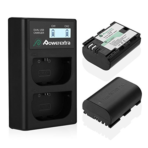 Powerextra Batería Canon LP-E6 y LP-E6N con Cargador Pantalla LCD USB para Canon EOS 80D 6D 7D 70D 60D 5D Mark III 5D Mark II BG-E14 BG-E11 BG-E9 BG-E7 LC-E6 BG-E6