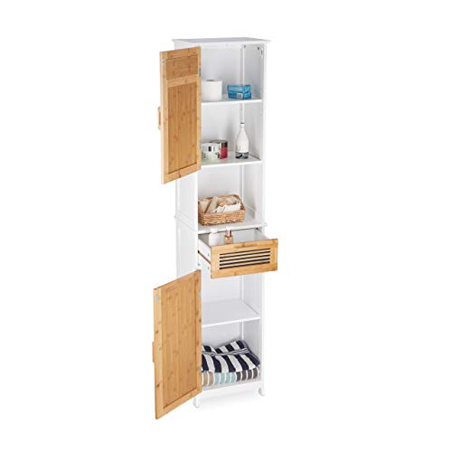 Relaxdays, Blanco y marrón, 180 x 39 x 30 cm Armario de baño, Dos Puertas, un cajón, Alto, Madera y bambú, MDF Relaxdays, Blanco y marrón, 180 x 39 x 30 cm Armario de baño, Dos Puertas, un cajón, Alto, Madera y bambú, MDF