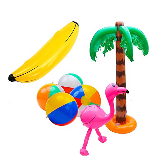 SIMUER 7 Pack Inflables Juguetes,Palmeras Inflables Rosado Flamencos Inflatable Banana Inflables Bolas de Playa Beach Bolas Fiesta en la Piscina en la Playa Juguetes Decoración del Partido