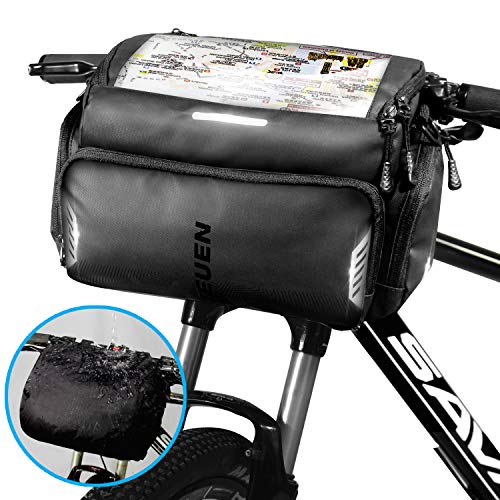 TEUEN Bolsa Manillar Bicicleta Impermeable Bolsa Delantera Bici Montaña con Pantalla Táctil para Movil GPS, 4L Bolsas para Manillar de Bicicleta Carretera con Cubierta de Lluvia y Reflectante (Negro)