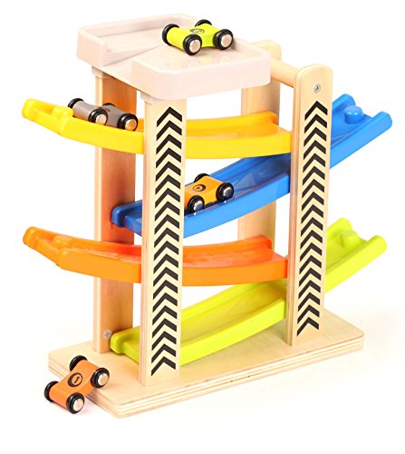TOWO Juguete Rampa Coches Madera con Estacionamiento en la Azotea, Rieles de Plástico en Zigzag y 4 Vagones de Madera - Juguetes de Madera del Coche para los niños y bebes - Pista Carreras circuitos TOWO Juguete Rampa Coches Madera con Estacionamiento en la Azotea, Rieles de Plástico en Zigzag y 4 Vagones de Madera - Juguetes de Madera del Coche para los niños y bebes - Pista Carreras circuitos