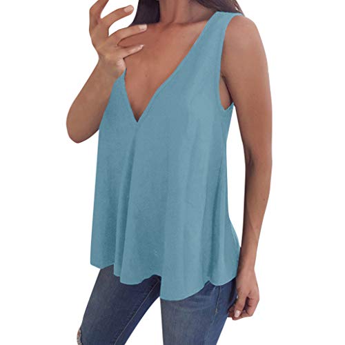 VEMOW Cami Tops Camiseta con Cuello en V para Mujer Camiseta sin Mangas Chaleco de Verano Blusa Talla Grande(Azul Claro,S)