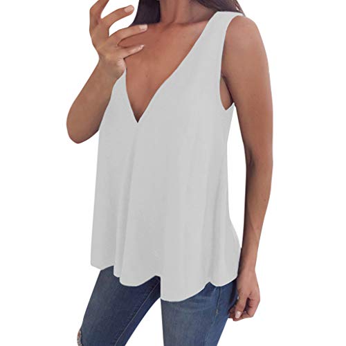 VEMOW Cami Tops Camiseta con Cuello en V para Mujer Camiseta sin Mangas Chaleco de Verano Blusa Talla Grande(Blanco,2XL)