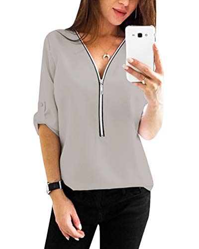 YOINS - Blusa de verano con cuello en V para mujer, con mangas ajustables, estilo casual y sólido A-gris-nuevo S