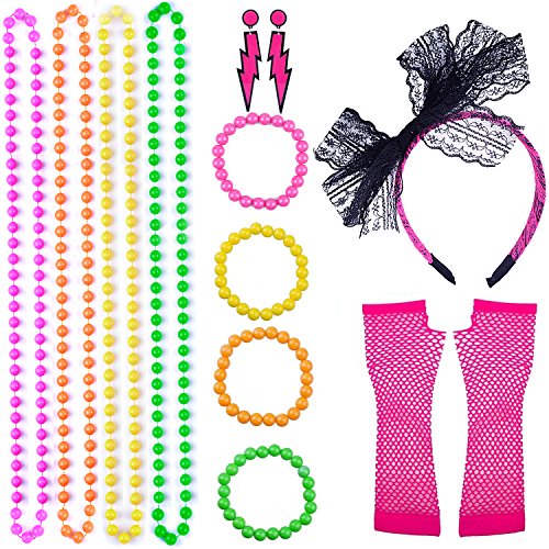 13 Piezas Accesorios de Collares Pulseras de Cuentas Pendientes Relámpago Encaje Arco Diadema Largo Guantes de Rejilla para Fiesta de los Años 1980 13 Piezas Accesorios de Collares Pulseras de Cuentas Pendientes Relámpago Encaje Arco Diadema Largo Guantes de Rejilla para Fiesta de los Años 1980