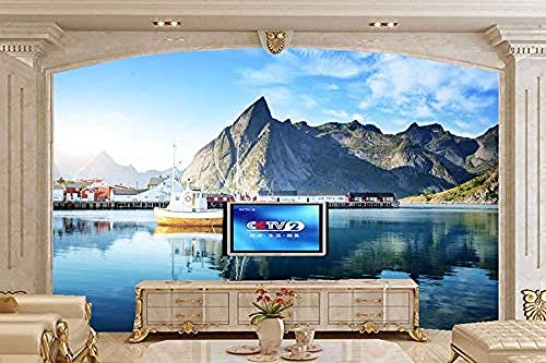Adhesivo decorativo para pared 3D personalizado de Noruega, montañas, casas de barco a motor de hotel, restaurante, sala de estar, sofá de TV, pared de dormitorio, tela sin tejer, 150cmx105cm