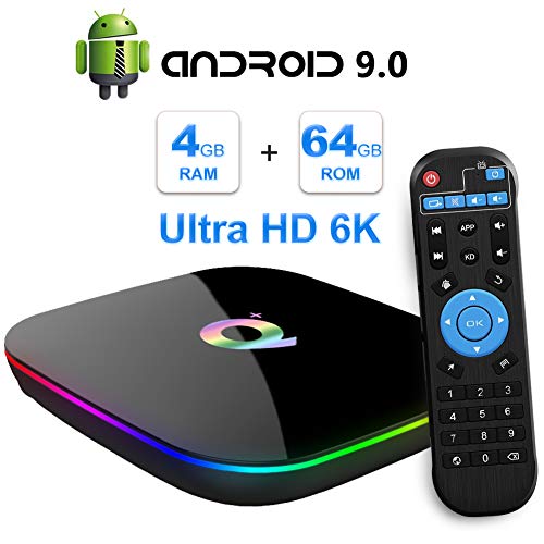 Android TV Box, 2019 TV Box Android 9.0 con 4GB RAM 64GB ROM H6 Procesador Quad Core Cortex-A53 Smart TV Box, soporta 6K Resolución 3D 2.4GHz WiFi 10/100M Ethernet USB 3.0 Reproductor Multimedia