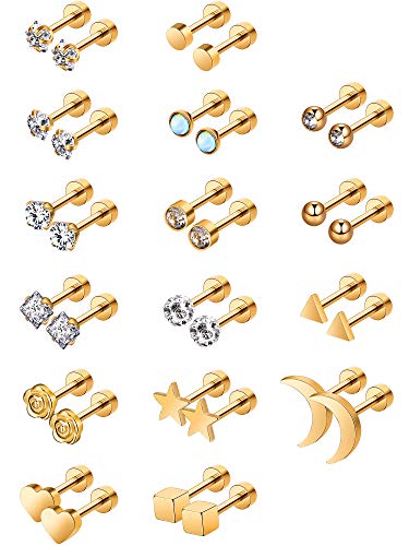 Aretes de Acero Inoxidable Pendientes de Botón de Barra con Pesas de Tragus Cartílago Piercings de Tornillo de Oreja CZ de Incrustado de Diamante de Imitación, 16Pares (Oro) Aretes de Acero Inoxidable Pendientes de Botón de Barra con Pesas de Tragus Cartílago Piercings de Tornillo de Oreja CZ de Incrustado de Diamante de Imitación, 16Pares (Oro)