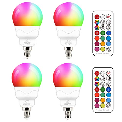Bombilla LED E14 5W (equivalente a 40W) Colores RGBW Cambio de Color RGB 5700K Blanco frio Regulable casquillo fino mando Incluido (4 unidades)