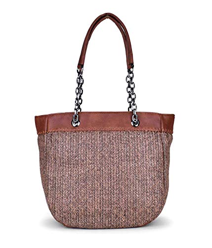 BOSANOVA Bolso de Gran Capacidad Material de Rafia con Detalle de Cosido en zig Zag y Asas de Colgar en Cadena. Cierre con Cremallera. Marron U BOSANOVA Bolso de Gran Capacidad Material de Rafia con Detalle de Cosido en zig Zag y Asas de Colgar en Cadena. Cierre con Cremallera. Marron U