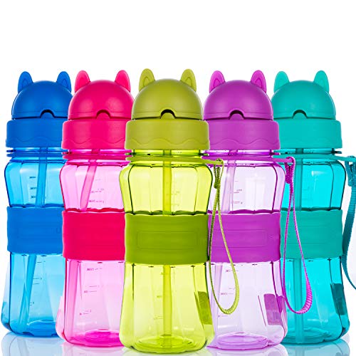 Botella de Agua Niños y Niñas Sin BPA Botella de Agua Deporte con Pajita y Correa para Infantil, Escuela, Corrida, Senderismo y Actividades al Aire (Azul Claro)