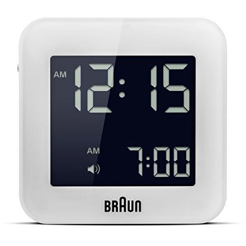 Braun BNC-008-WH Reloj despertador digital de viaje, pantalla LCD de fácil lectura, función snooze, luz de fondo. pantalla de 12 / 24 horas, color blanco