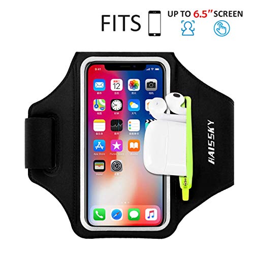 Brazalete Deportivo para Correr con Bolsa de Airpods, Brazalete Móvil Deportivo Ajustable para iPhone 11 Pro XS MAX XR X, Galaxy S10 Plus/S10e, hasta 6,5" (Negro)