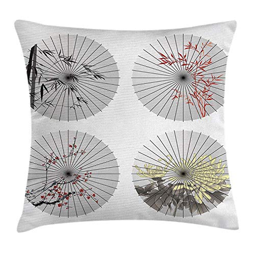 Bright color Apartment Decor Throw Pillow Cushion Cover, Oriental Umbrella Shapes with Cherry Blossom Bamboo Patterns Parasol Artwork, Decorative Square Accent Pillow Case, 18X18 Inches, White