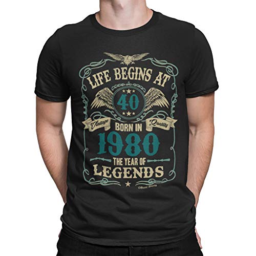 buzz shirts Mens 40th Birthday T-Shirt - Life Begins at 40 Gift - Born in 1980 (Medium, Black)