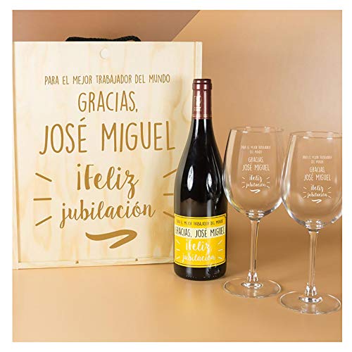 Calledelregalo Regalo Personalizado para jubilación: Kit con Botella de Vino + Copas de Vino en Caja de Madera