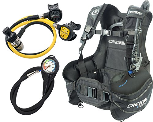 Cressi - set de principiantes para buceo – Chaleco hidrostático (BCD) + regulador de 1ª etapa AC2 + 2ª etapa compacto + boquilla de emergencia octopus compacta + instrumento medidor de la presión, DIN, Unisex, color negro, tamaño large