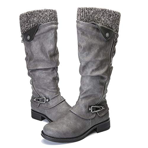 gracosy Botas de Mujer Otoño Invierno 2020 Tacon Bajo Zapatos Largas Botas Forrado de Piel Antideslizante Cómodo Cremallera Hebilla,Negro Marrón Gris