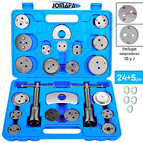 JOMAFA - Reposicionador de pistones de frenos 24 + 5 arandelas retractor adaptador 10 y J (para reposicionar el pistón de freno al cambiar los discos, las zapatas o las pastillas de freno)